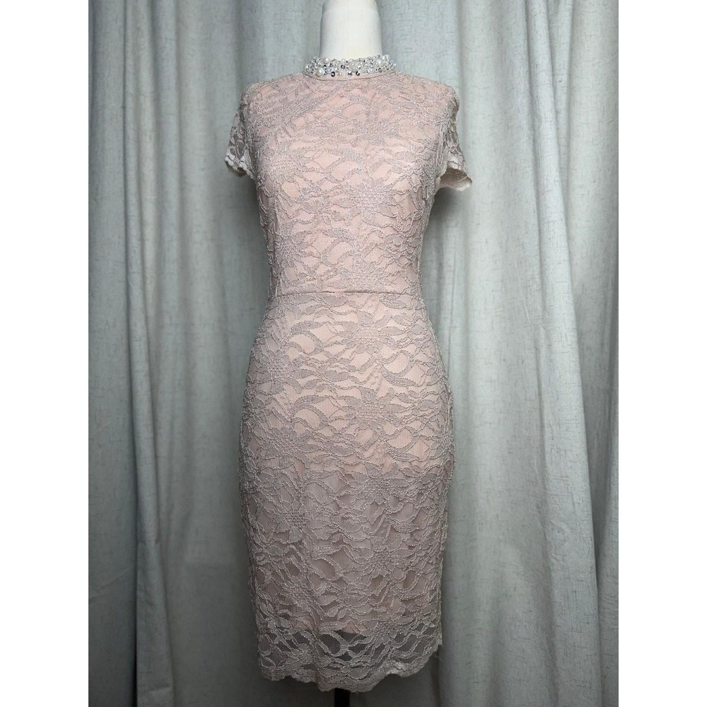 City Studio Pink Lace Open Back Beaded Neck Cocktail Dress Size 7